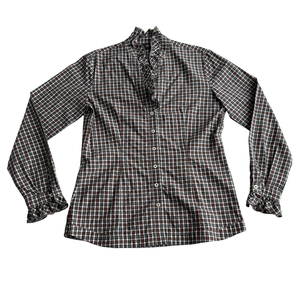 Bogner 100% Cotton Button Down Ruffle Collar Mini Plaid Tailored Blouse Shirt 10
